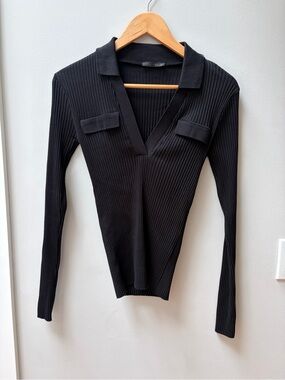 Zara NWOT Black Ribbed V-Neck Collared Long Sleeve Top